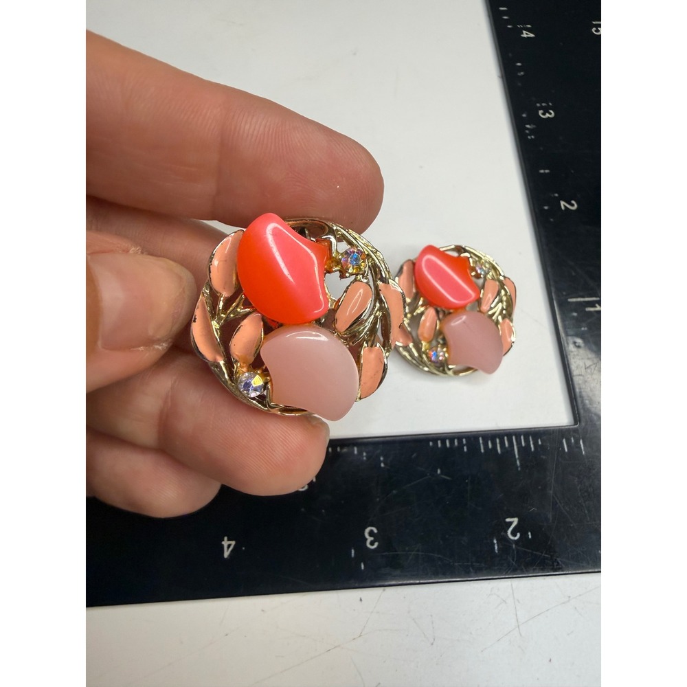 Vintage Coral Pink Thermoset Gold Tone AB Rhinestone Clip On Earrings